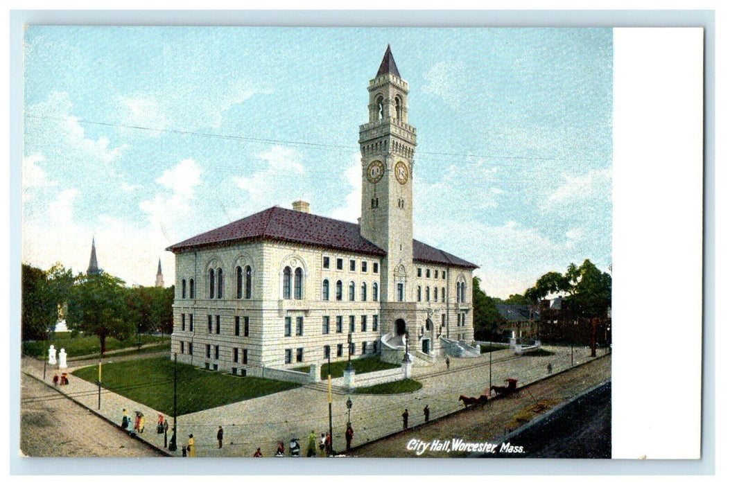 1906 Crowds Near City Hall, Worcester Massachusetts MA Antique Postcard