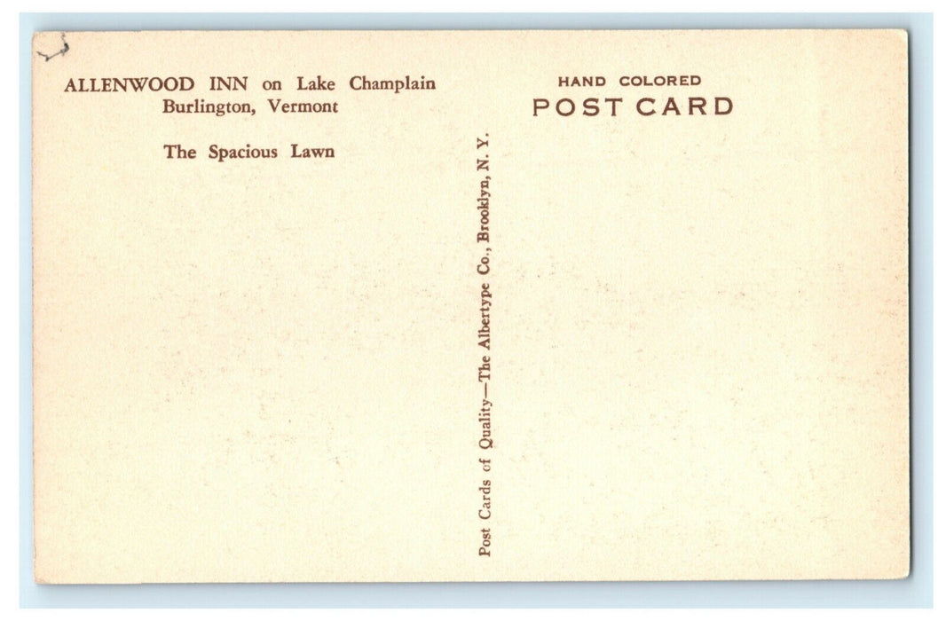 c1915 Allenwood Inn Lake Champlain Burlington Vermont VT Handcolored Postcard