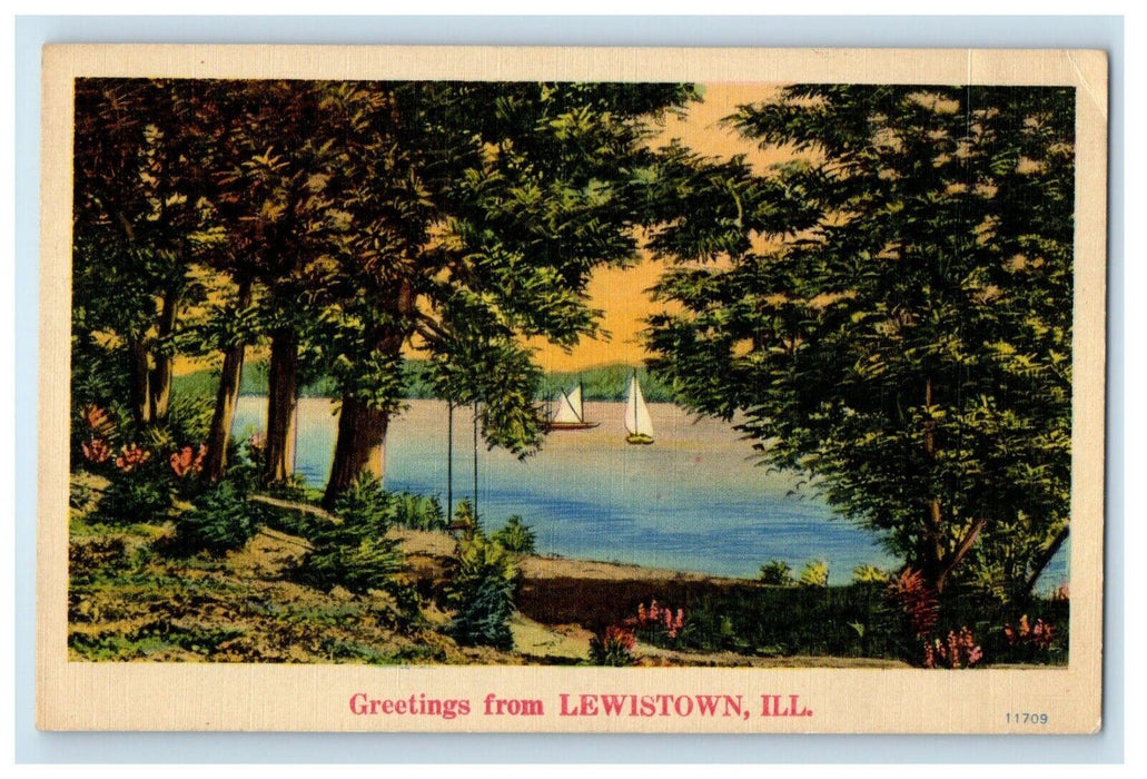 1944 Greetings From Lewistown Illinois IL, Lake Boat View Vintage Postcard