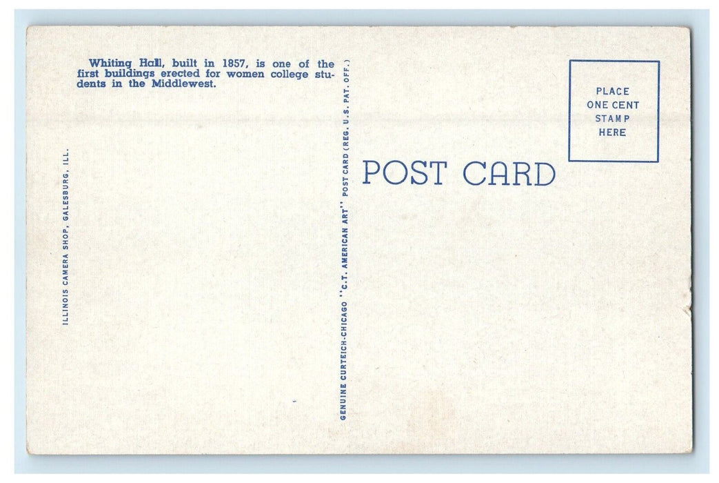 c1930's Whiting Hall Dormitory For Women Knox College Galesburg IL Postcard