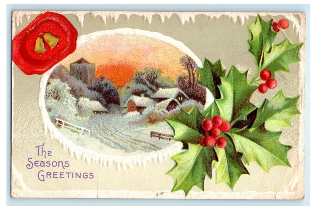 Vintage 1910's Christmas Holly Bells Parryville PA Embossed Antique Postcard