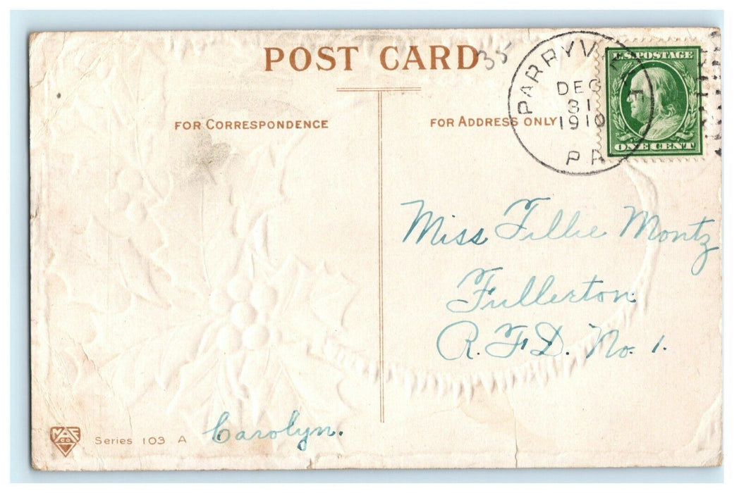 Vintage 1910's Christmas Holly Bells Parryville PA Embossed Antique Postcard