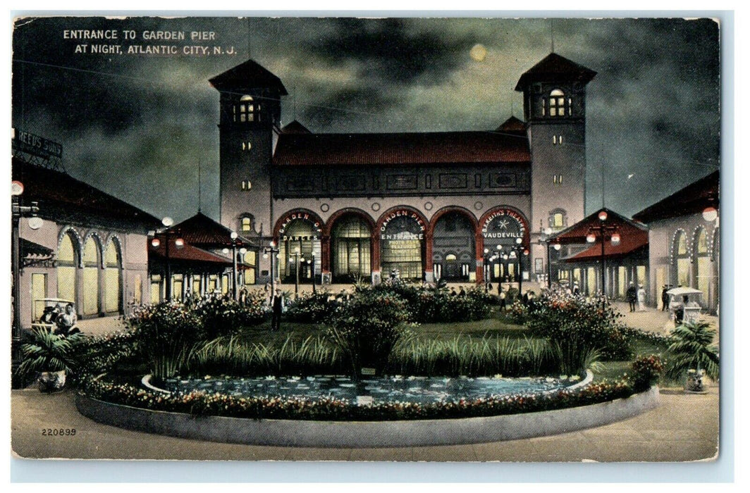 Entrance To Garden Pier At Night  Atlantic City New Jersey NJ Antique Postcard