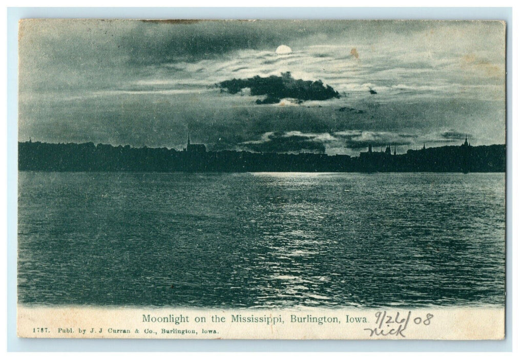 1908 Moonlight on Mississippi Burlington Iowa IA Transit Clerk Postcard