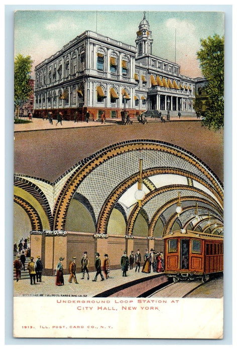 c1905 Underground Loop Station Depot Railroad Train At City Hall NY Postcard