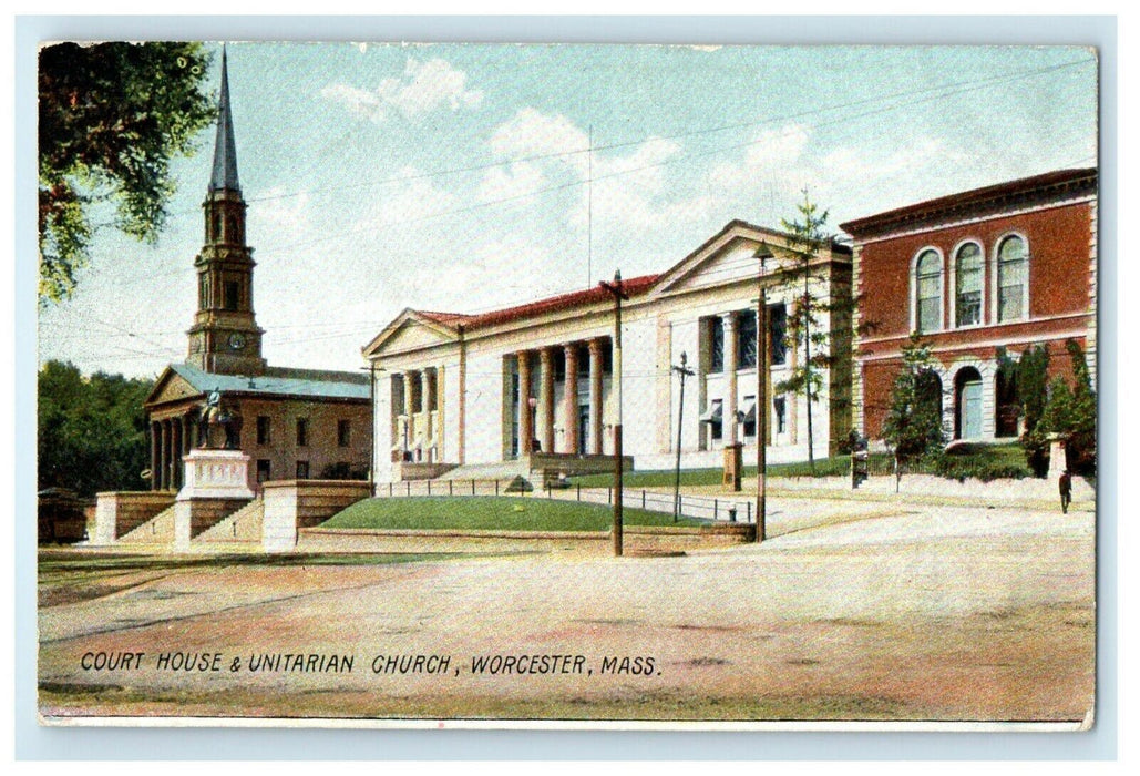 1909 Court House and Unitarian Church, Worcester, Massachusetts MA Postcard