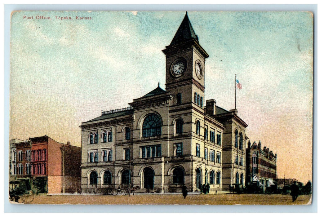 1911 Big Clock, US Flag, Post Office Topeka Kansas KS Posted Postcard
