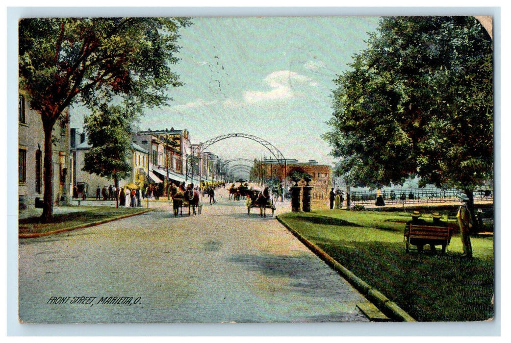 1908 Horse Carriage, Front Street, Marietta Ohio OH Utica OH Antique Postcard