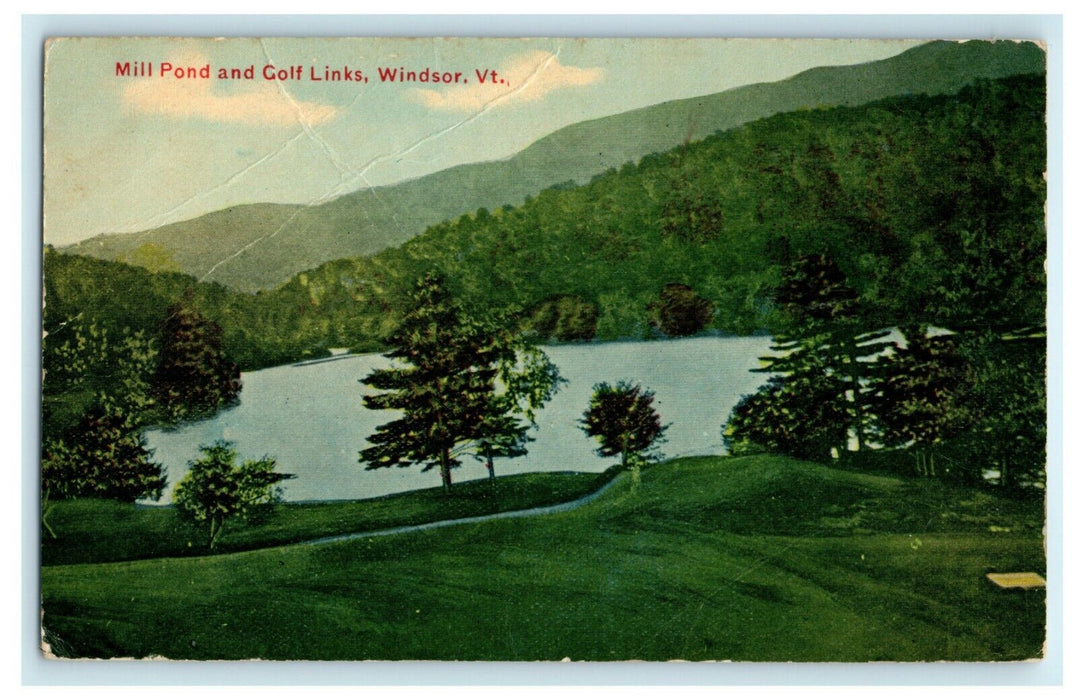 1912 Mill Pond and Golf Links Windsor Vermont VT RPO TR39 Postcard