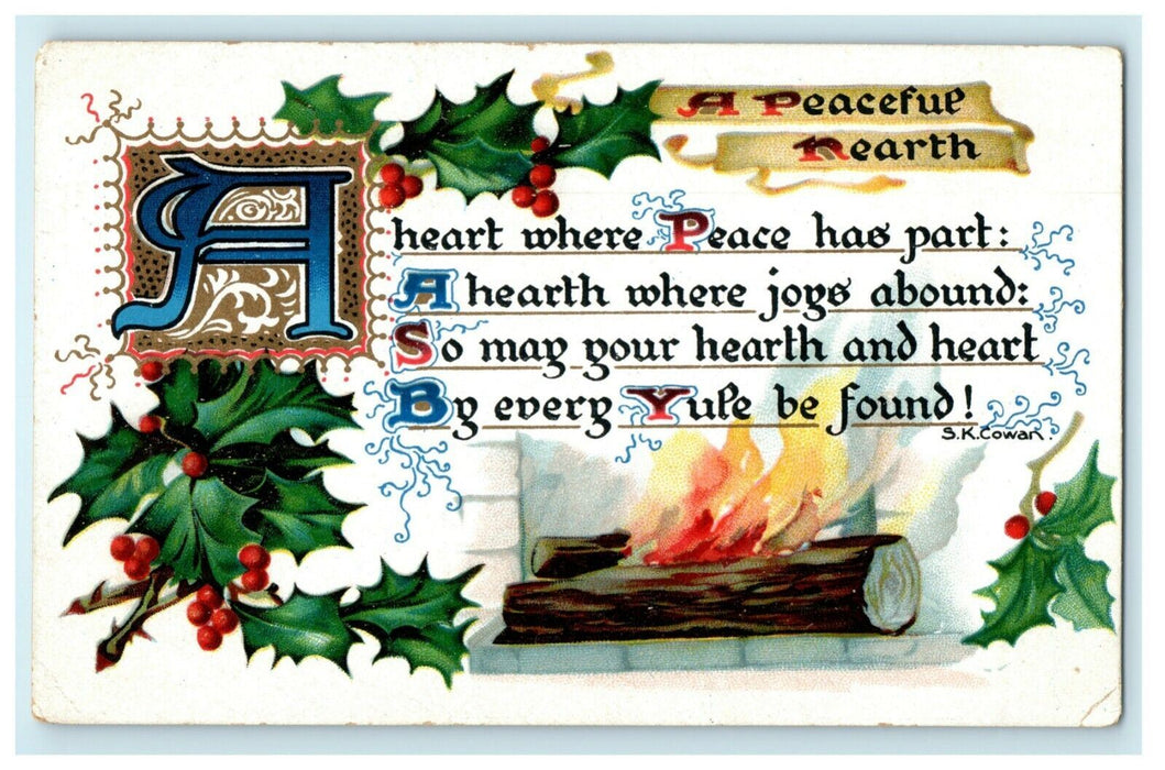 Antique 1910's Christmas Tuck Poem Motto Cowan Fire Holly Embossed Postcard