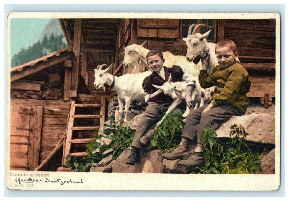 c1905 Croquis Alpestre Geneva Switzerland Boys With Goats Postcard