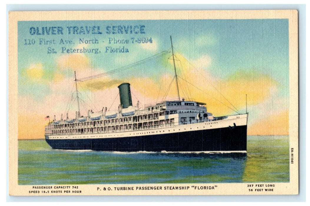 P&O Turbine Passenger Steamship Florida Oliver Travel Advertising Postcard