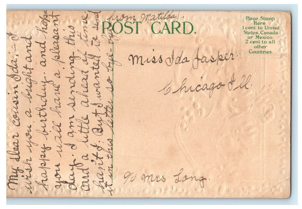 c1910's Birthday Greetings Pink Flowers And Windmill Embossed Gold Postcard