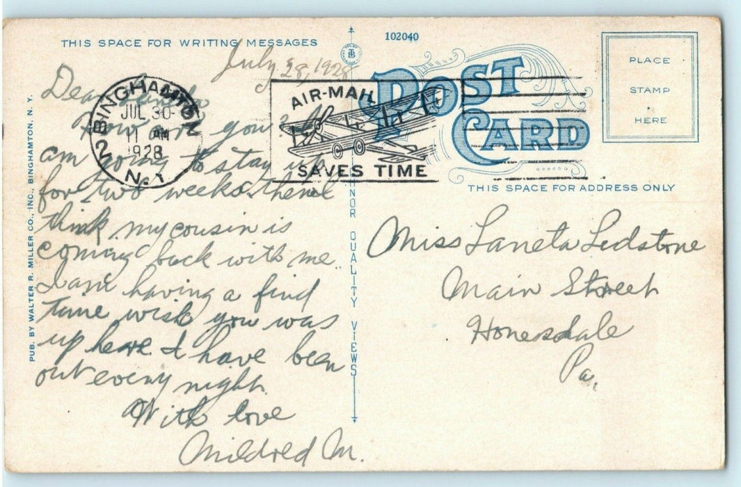 1928 High School Binghamton New York NY Air Mail Airplane Cancel Postcard