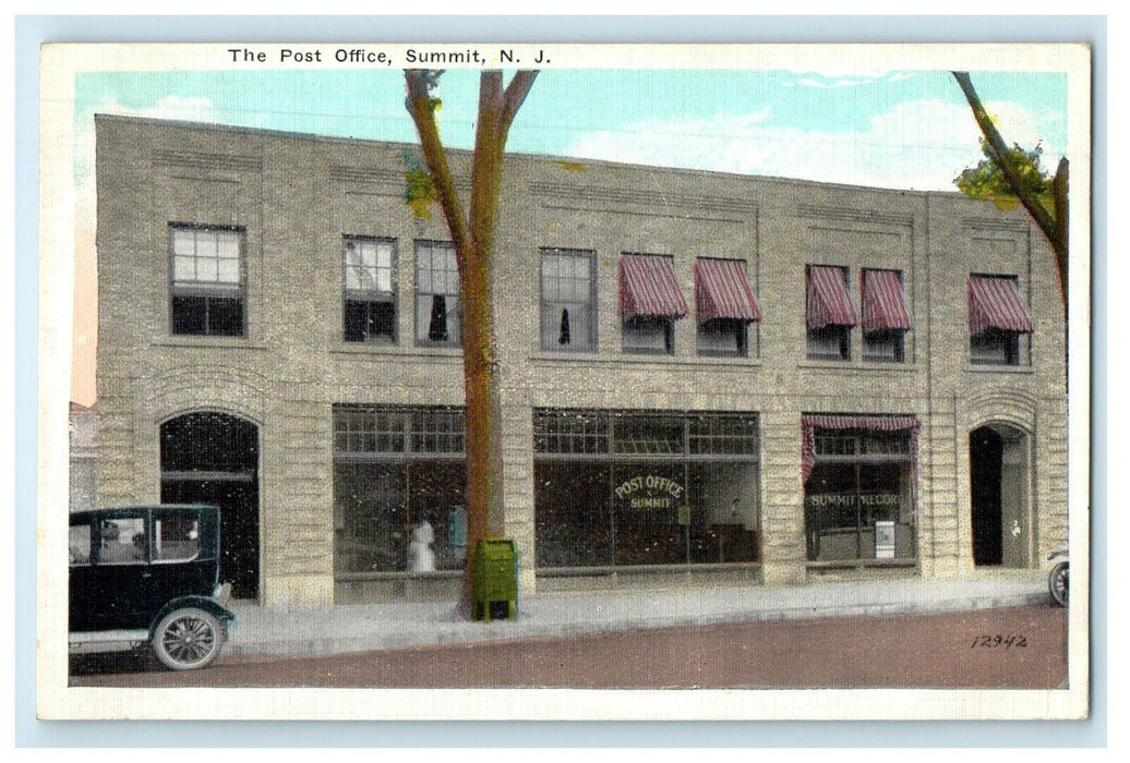 c1920s The Post Office, Antique Car, Summit New Jersey NJ Unposted Postcard