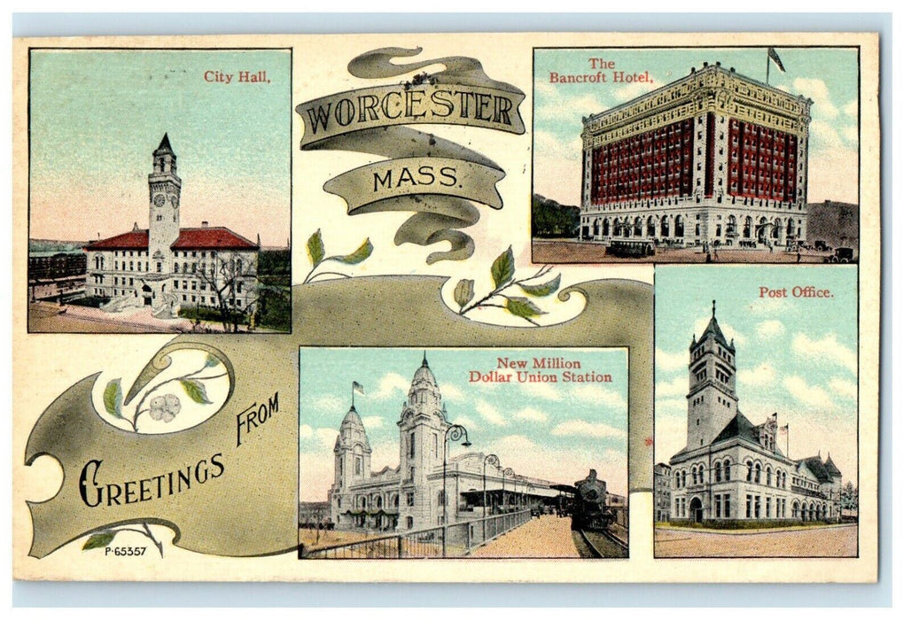 1913 Multiview of Buildings, Greetings from Worcester Massachusetts MA Postcard