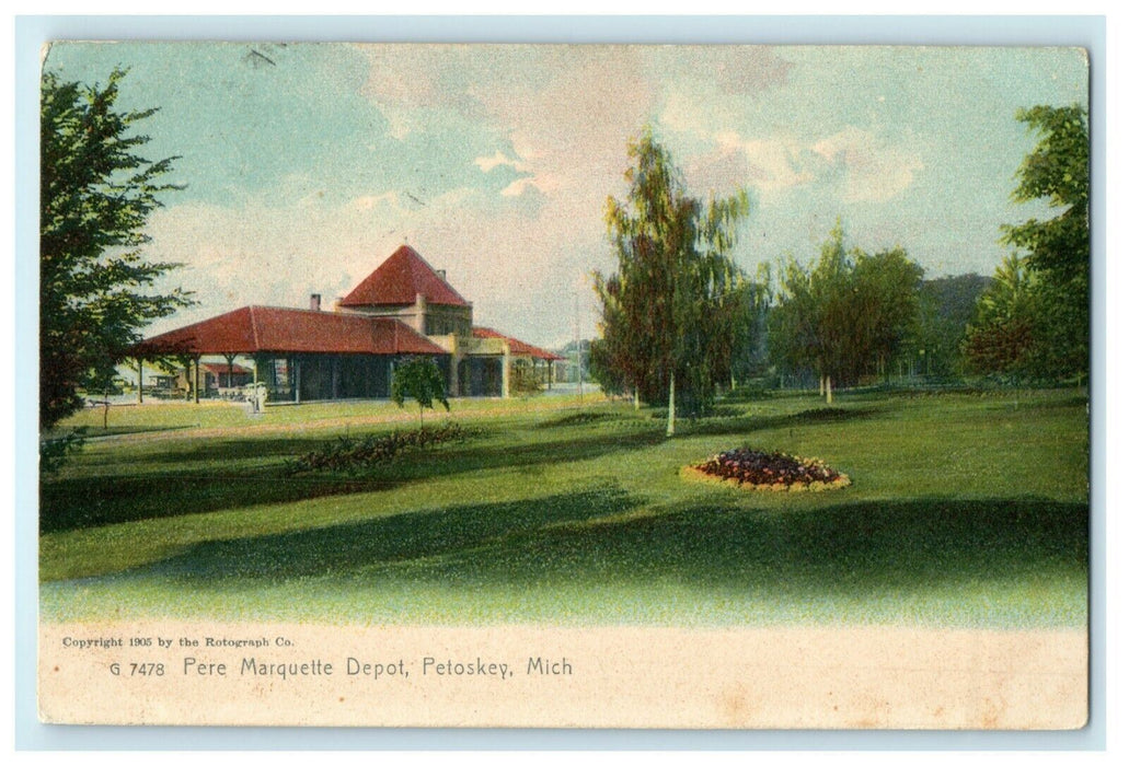1908 Pere Marquette Depot Petoskey Michigan MI Train Station Postcard