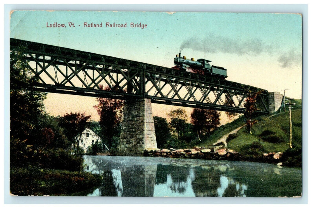 1909 Ludlow Vermont VT Rutland Railroad Bridge Bellows Falls Postcard