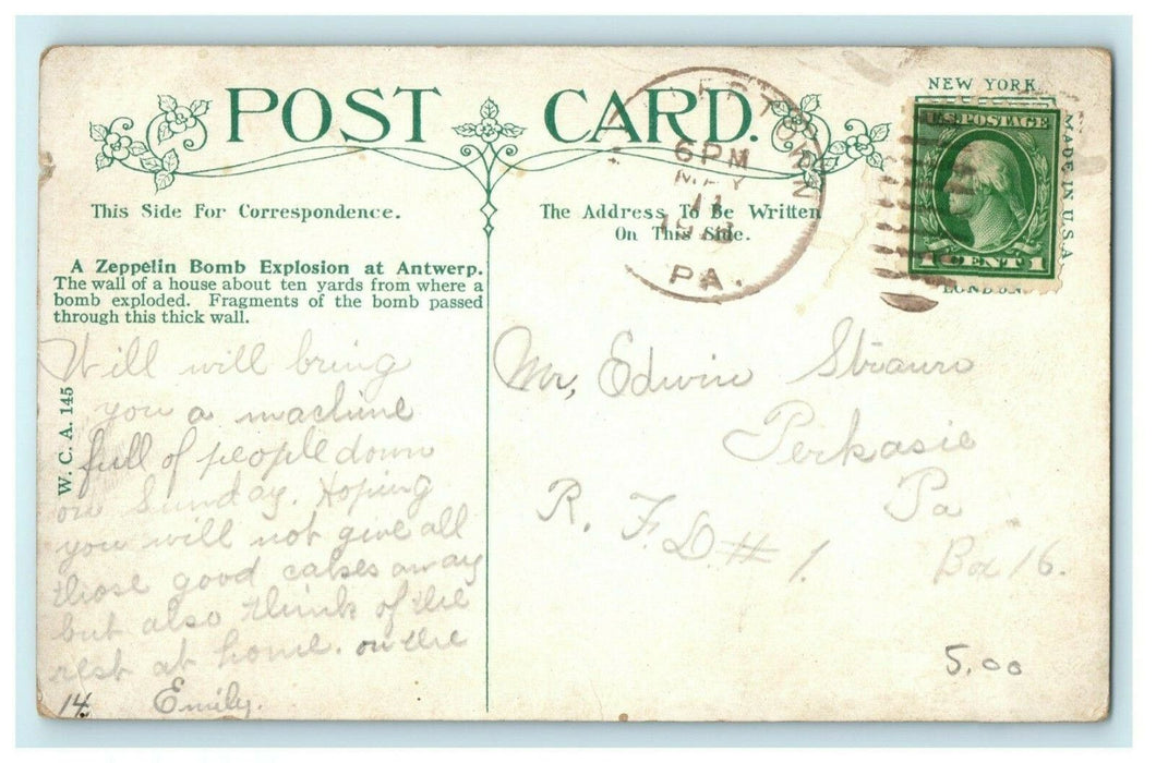 Zeppelin Bomb Explosion Antwerp 1908 Perkasie PA Vintage Antique Postcard