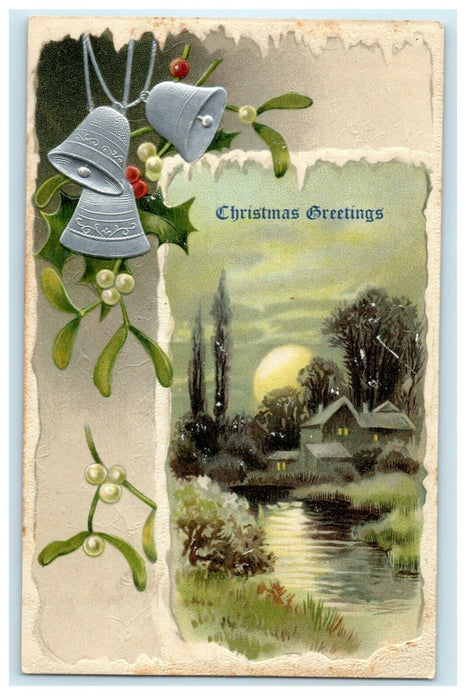 Antique 1910's Christmas Silver Bells Missletoe Cottage Moon Embossed Postcard