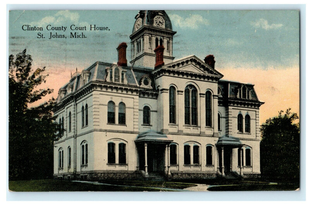 Clinton County Court House St. Johns Michigan 1921 Vintage Antique Postcard