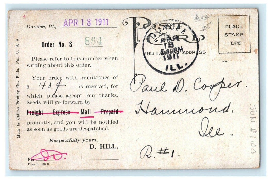 1911 Hills Nursery Advertising Garden Dundee Illinois IL Order Receipt Postcard