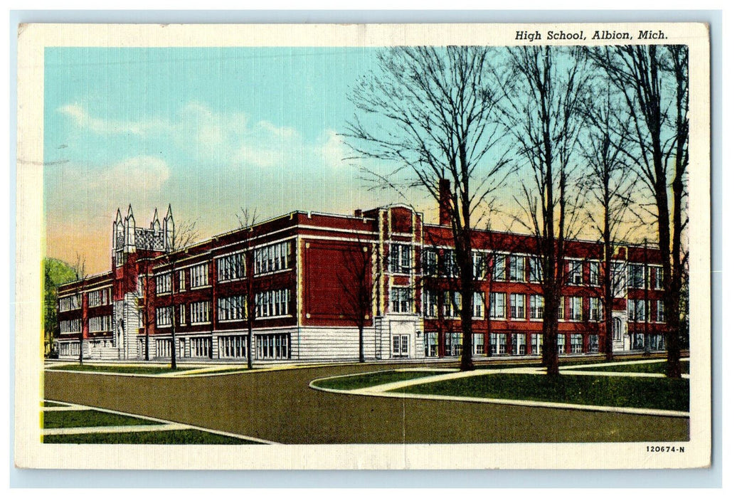 1951 View of Trees and High School, Albion Michigan MI Posted Postcard
