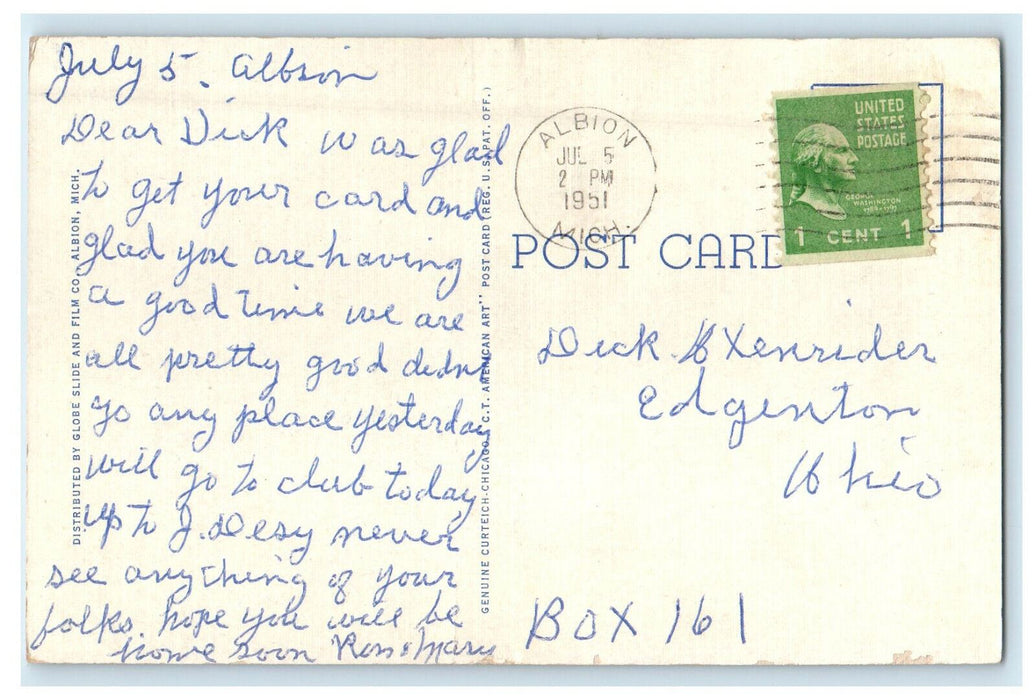 1951 View of Trees and High School, Albion Michigan MI Posted Postcard