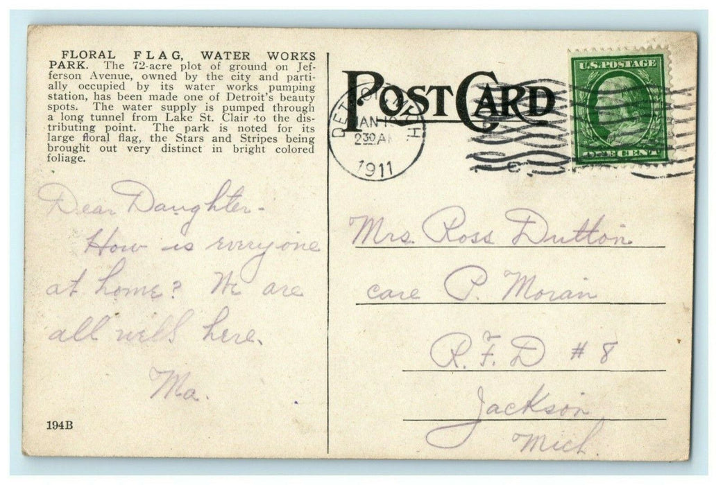 Floral Flag Water Works Park Detroit Michigan 1911 Jackson Antique Postcard