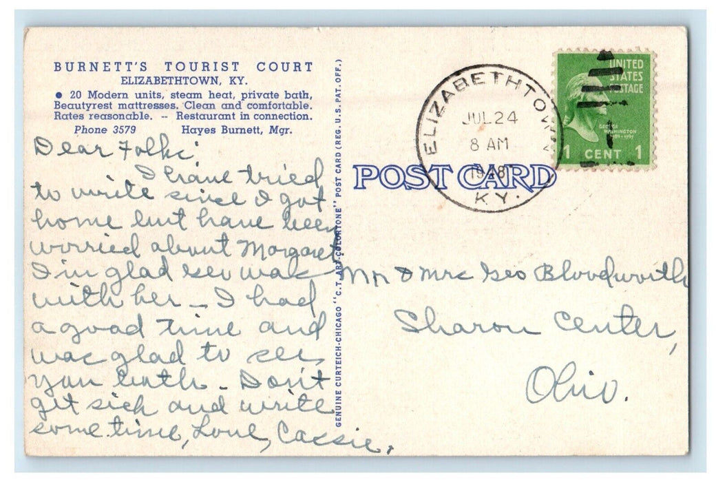 1948 Burnett's Tourist Court Elizabethtown Kentucky KY Posted Vintage Postcard