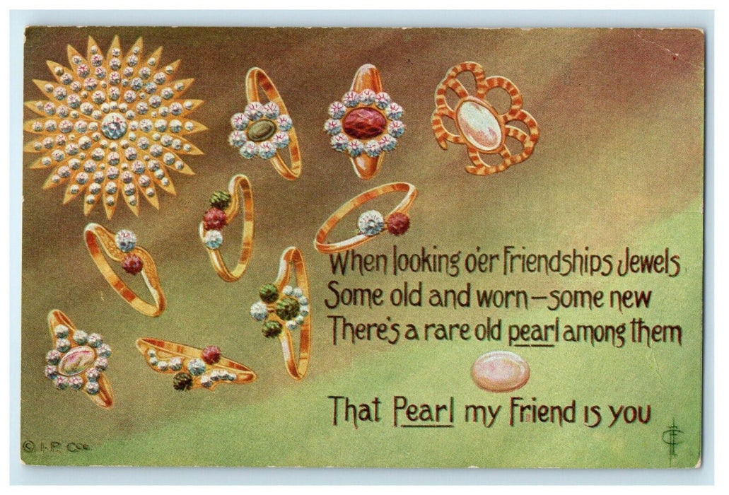 1911  Beautiful Pearl Ring Friendship Jewels Gem Stone Antique Postcard