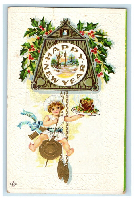 c1910's New Year Little Girl Hanging Cake Holly Berries Bird Embossed Postcard
