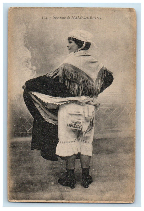 Girl Scarf Fur Bonnet Souvenir De Malo Les Bains France Antique Postcard