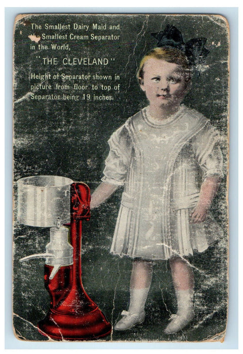 c1910 Little Girl, Black Ribbon, Cream Separator, The Cleveland, OH Postcard