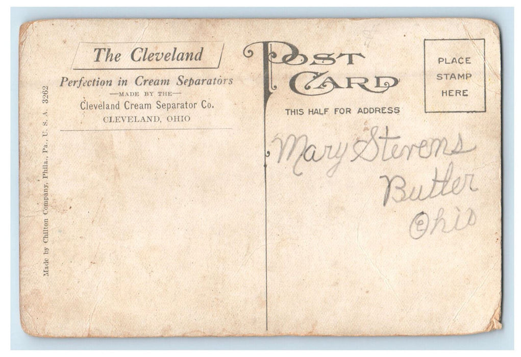 c1910 Little Girl, Black Ribbon, Cream Separator, The Cleveland, OH Postcard