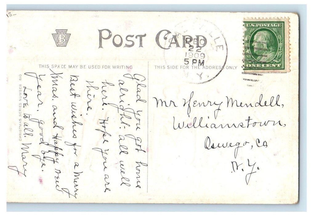 1909 Merry Christmas Greetings Holly Berries Cassville New York NY Postcard