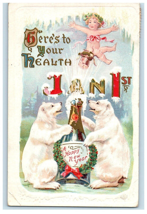 1919 New Year Greetings Jan 1st Polar Bears Bottle Wine Cherub Embossed Postcard