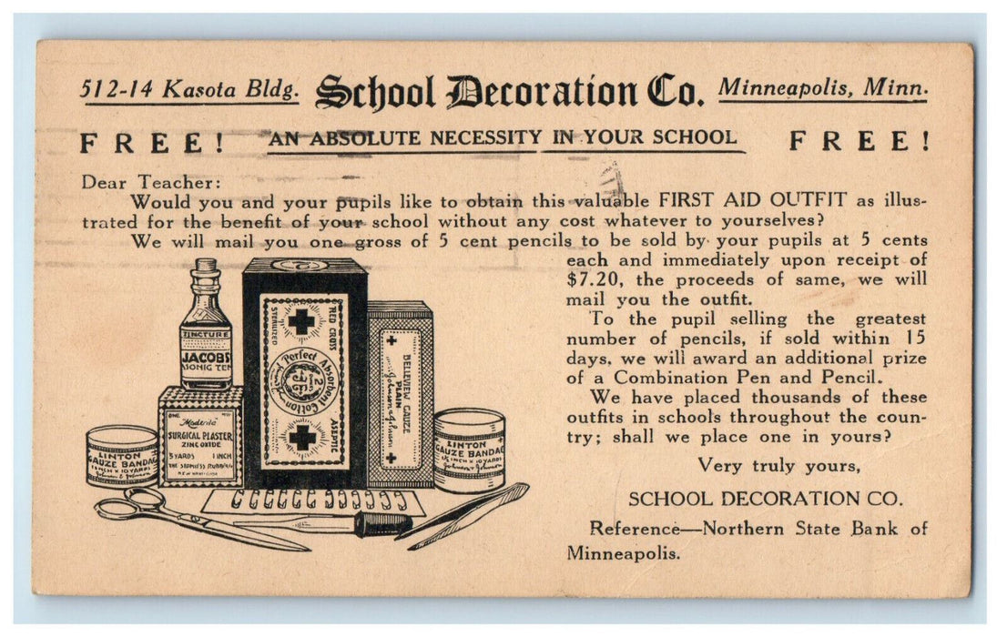 1921 First Aid Kit, School Decoration Co. Minneapolis Minnesota MN Postcard