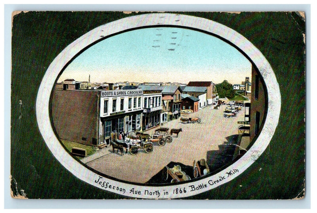 1911 Jefferson Ave Horse Wagon Battle Creek MI, Boots & Shoes Crockery Postcard