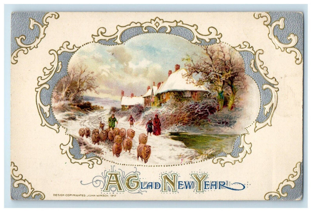 c1910's New Year Greetings Sheep Winter Snow John Winsch Signed Artist Postcard