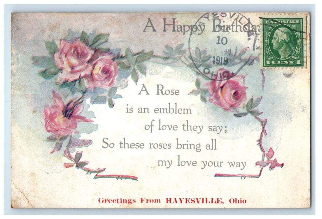 1919 A Happy Birthday, Greetings from Hayesville Ohio OH Posted Postcard