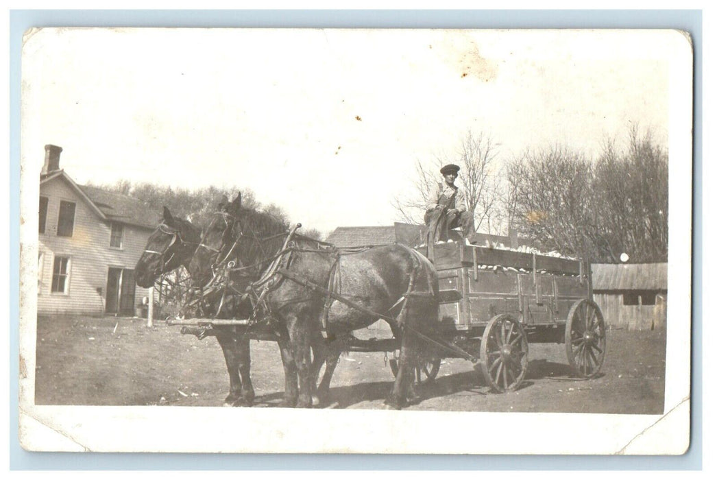 1917 Chester Pugh Farming Corn Horse Wagon Lenox Iowa IA RPPC Photo Postcard