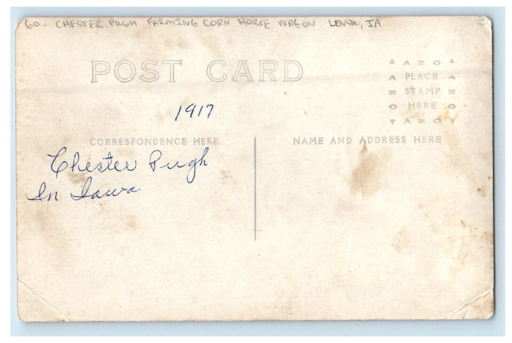 1917 Chester Pugh Farming Corn Horse Wagon Lenox Iowa IA RPPC Photo Postcard