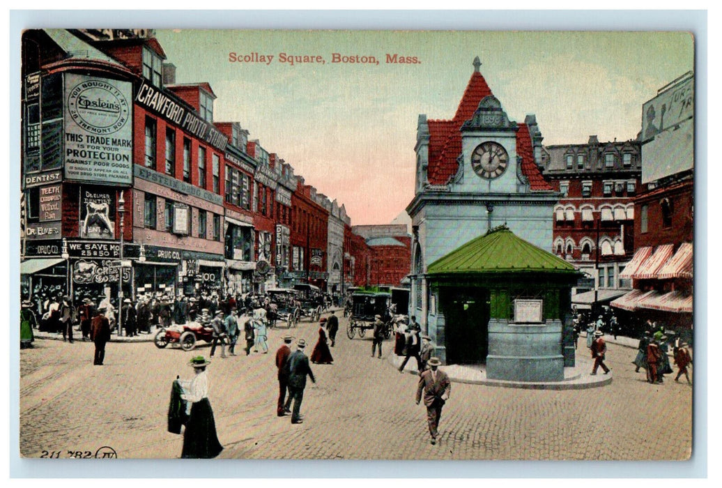 c1910 Clock on Building, Scollay Square Boston Massachusetts MA Postcard