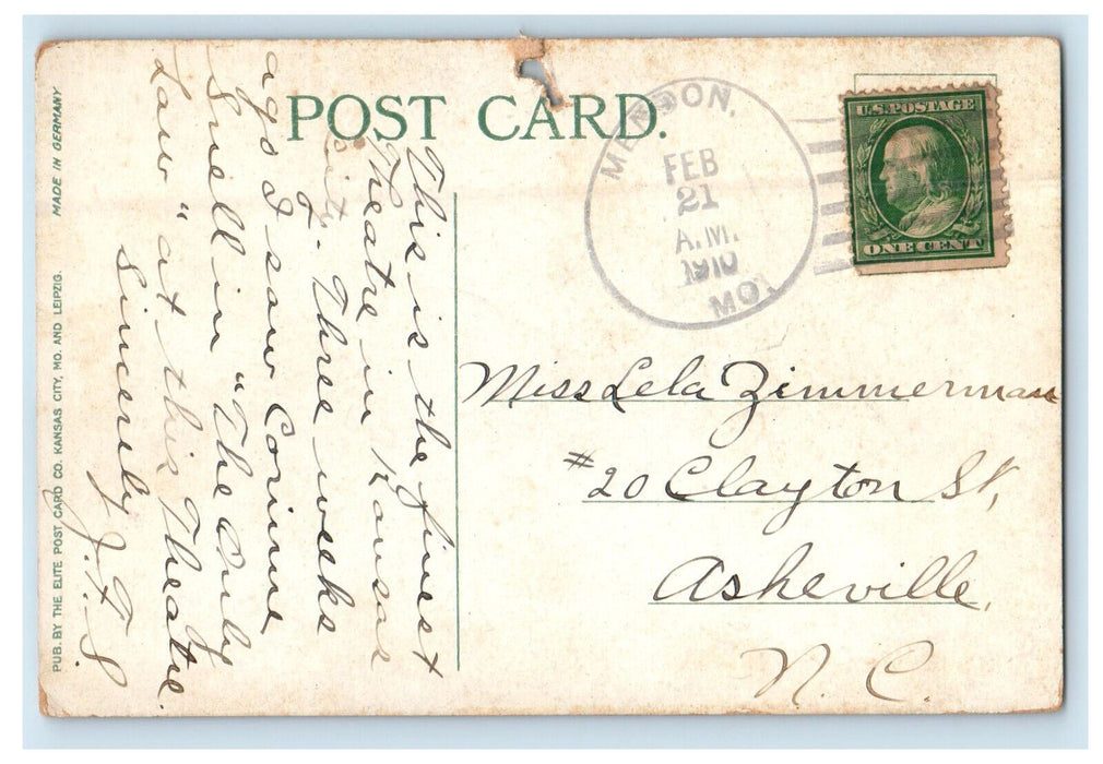 1910 Willis Wood Theater Kansas City Missouri MO Mendon MO Postcard