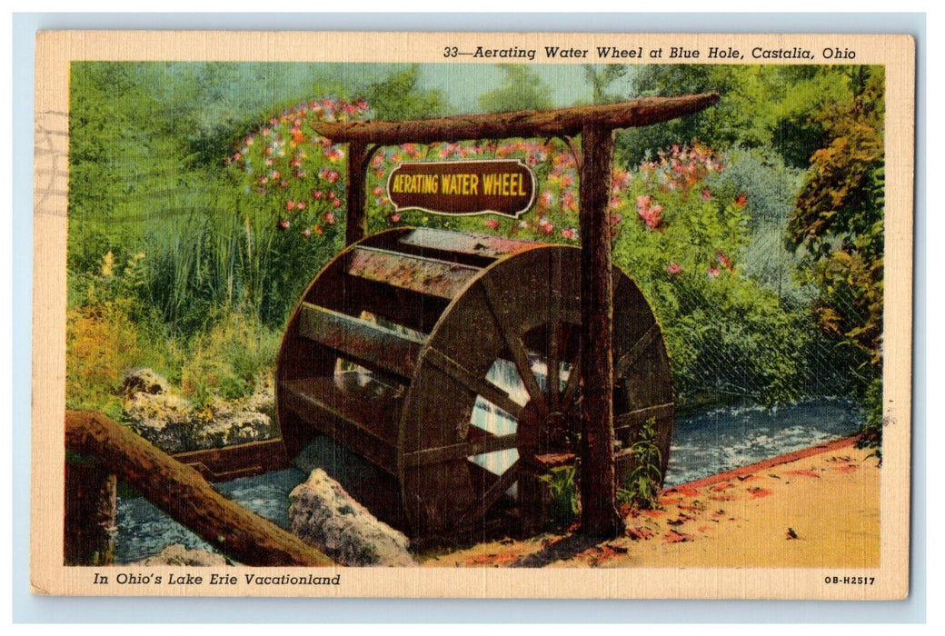 1945 Lake Erie, Aerating Water Wheel at Blue Hole, Castalia OH Postcard