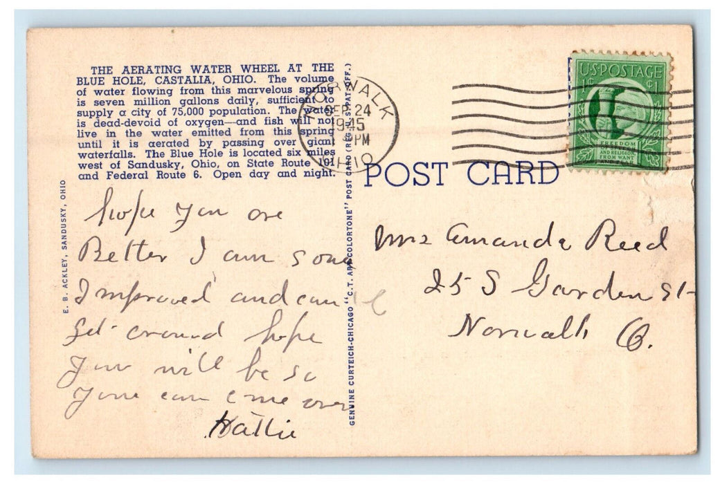 1945 Lake Erie, Aerating Water Wheel at Blue Hole, Castalia OH Postcard