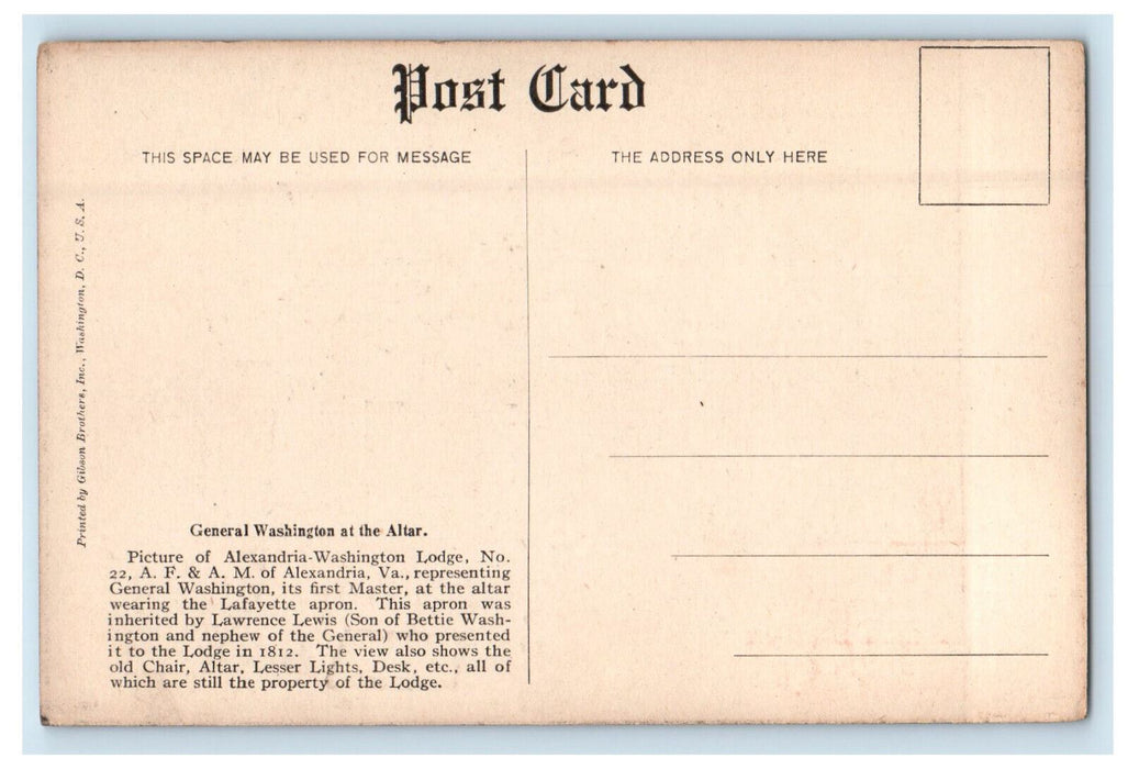 c1910 General Washington at the Altar Alexandria Washington Lodge VA Postcard