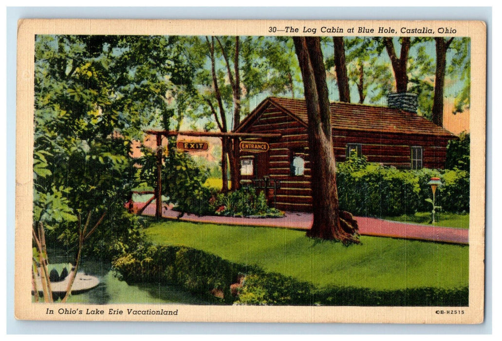 1948 Vacationland The Log Cabin at Blue Hole, Castalia OH Fairview PA Postcard