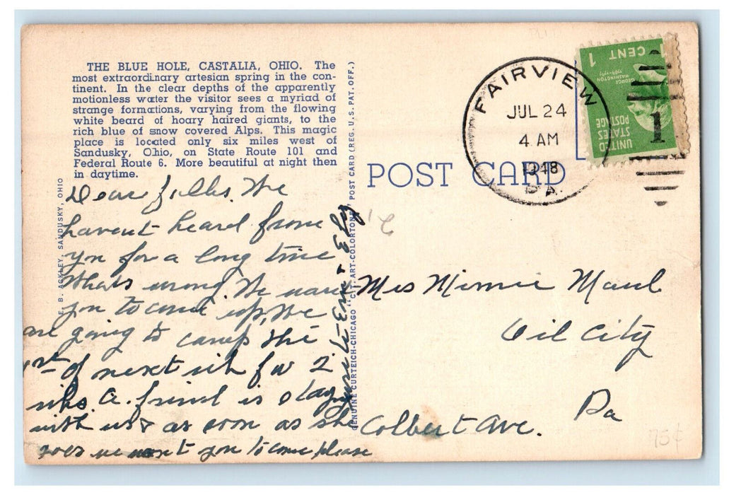1948 Vacationland The Log Cabin at Blue Hole, Castalia OH Fairview PA Postcard